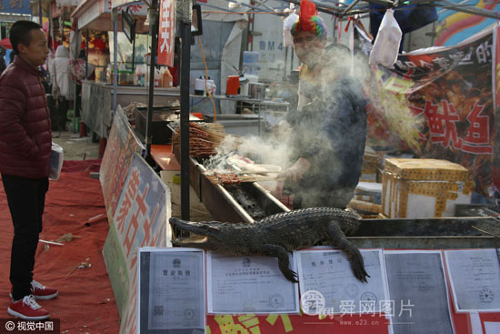 滨州春节庙会惊现烤鳄鱼肉10元一串 市民争相尝鲜