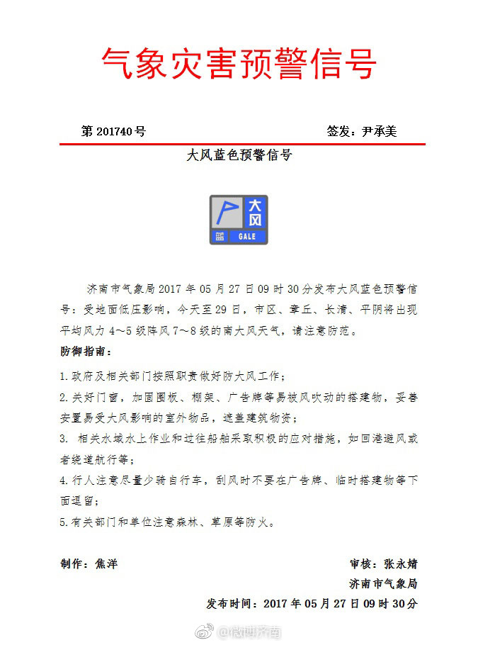 高温伴着8级南大风!济南发布大风蓝色预警 出