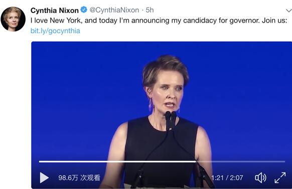 历史首位!美国女星参选州长玩跨界 辛西娅曾出演《欲望都市》米兰达一角