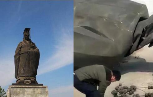 山东遭10级狂风袭击！秦始皇铜像被吹倒 煅铜造铜像重6吨