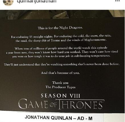 《权游8》拍战争戏 助理导演发文感谢