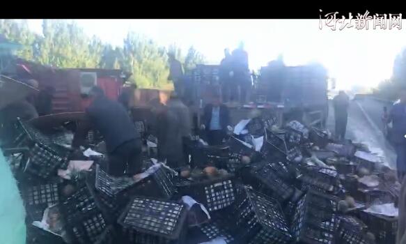 菠萝撒一地！河北两车追尾侧翻 拉钢筋的半挂车侧翻进沟里