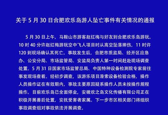 安徽通报游人坠亡事件：系操作人员未按规程操作所致