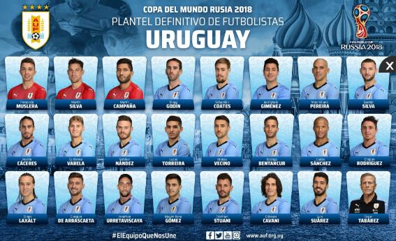 两大神锋!乌拉圭23人名:苏亚雷斯、卡瓦尼领衔 戈丁、吉梅内斯坐镇后防 