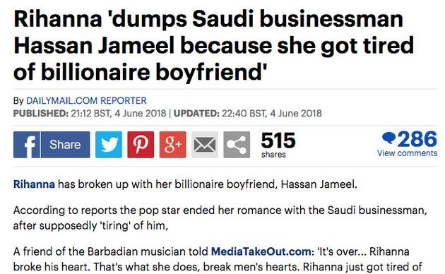 甩了男友！蕾哈娜被曝分手 富豪男友Hassan Jameel伤心透了