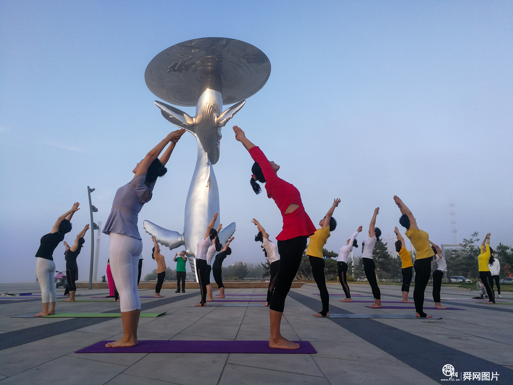 山东烟台：国际瑜伽日 爱好者海滨广场集体练瑜伽