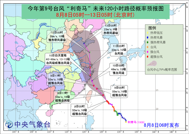 【台风路径实时发布系统】9号利奇马台风 利奇马超强台风10日白天登录浙江沿海