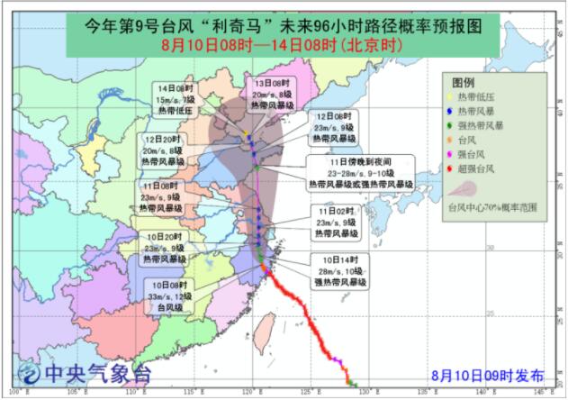 济南市气象台09时30分发布台风“利奇马”预报和暴雨黄色预警信号