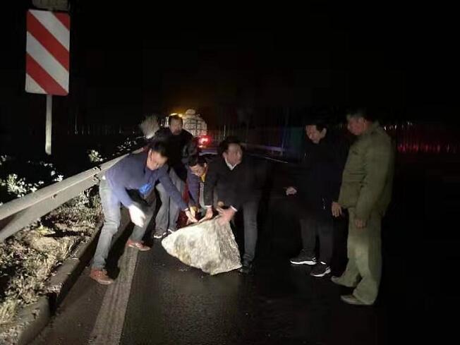 [温暖泉城]巨石掉落道路中央 车主寒冬凌晨警示过往车辆