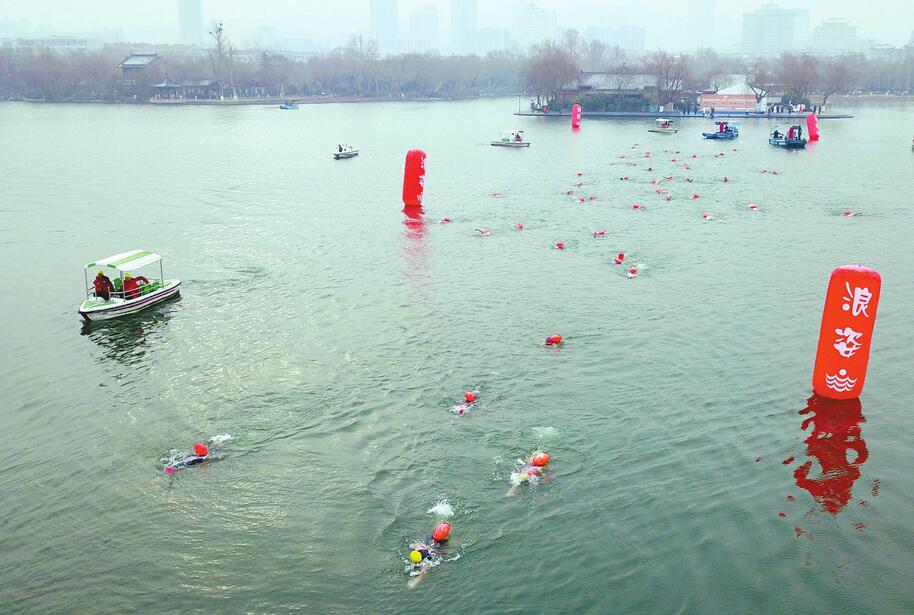 第八届中国济南冬季畅游泉水国际公开赛举行 1195名冬泳勇士逐浪大明湖