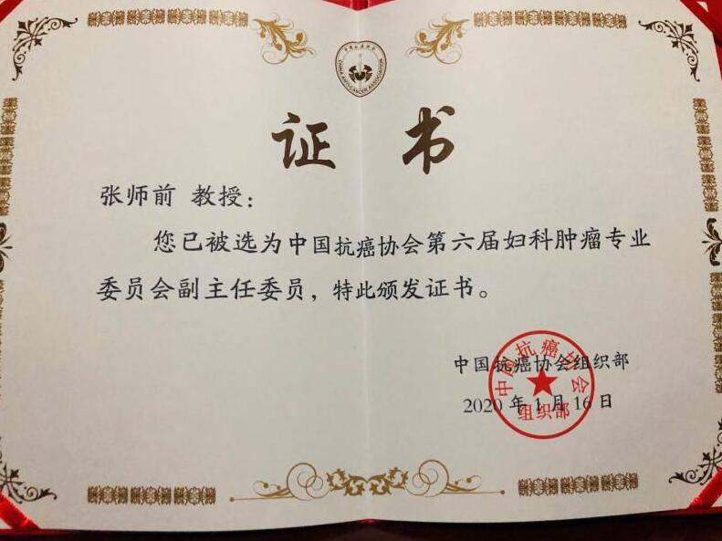 中国抗癌协会妇科肿瘤专业委员会换届顺利举行, 山东大学齐鲁医院张师前教授当选副主任委员