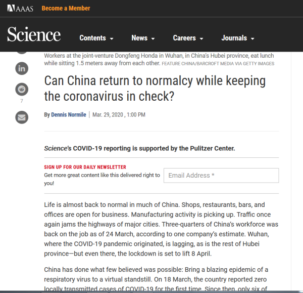 美《科学》杂志关注中国生活秩序恢复 欧洲学者：中国防控措施让人感觉安全
