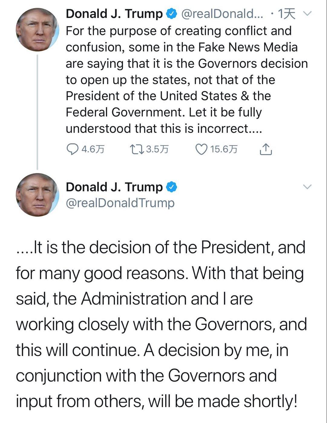 “绝对权力”令全美复工？ 美网友：醒醒特朗普 你不是个国王