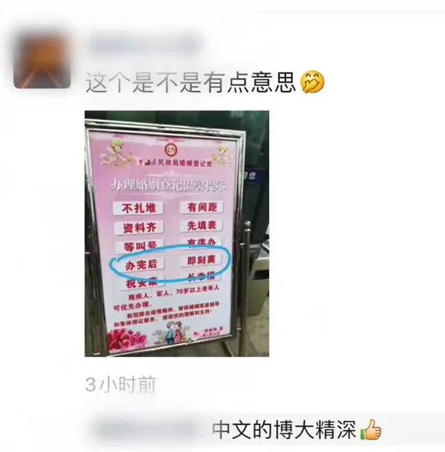 【现场图】婚姻登记处提示牌闹乌龙是怎么回事?“办完后、即刻离”是什么情况?