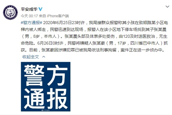 成都17岁男子电梯内绑走8岁男童进行殴打 已被刑拘