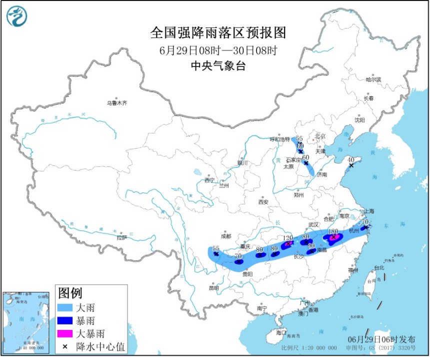 江西湖南局地有大暴雨 内蒙古山西等地部分地区有雷暴大风或冰雹