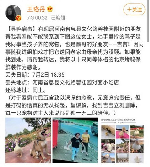 河南息县警方回应演员王珞丹寻鸭启事：若构成犯罪可立案