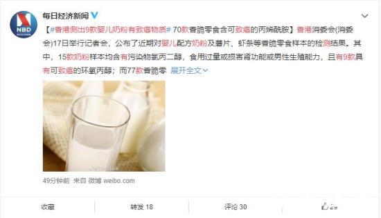香港测出9款婴儿奶粉有致癌物质 薯片等香脆零食的检测结果更吓人
