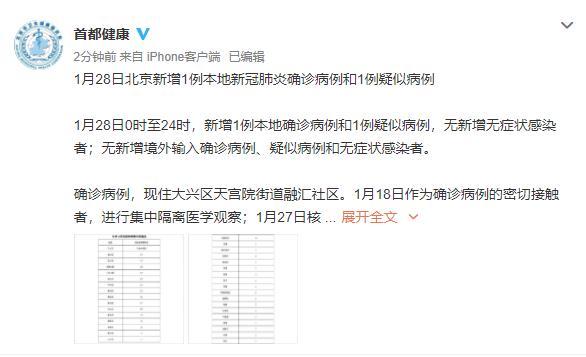 北京28日新增1例本地确诊病例和1例疑似病例