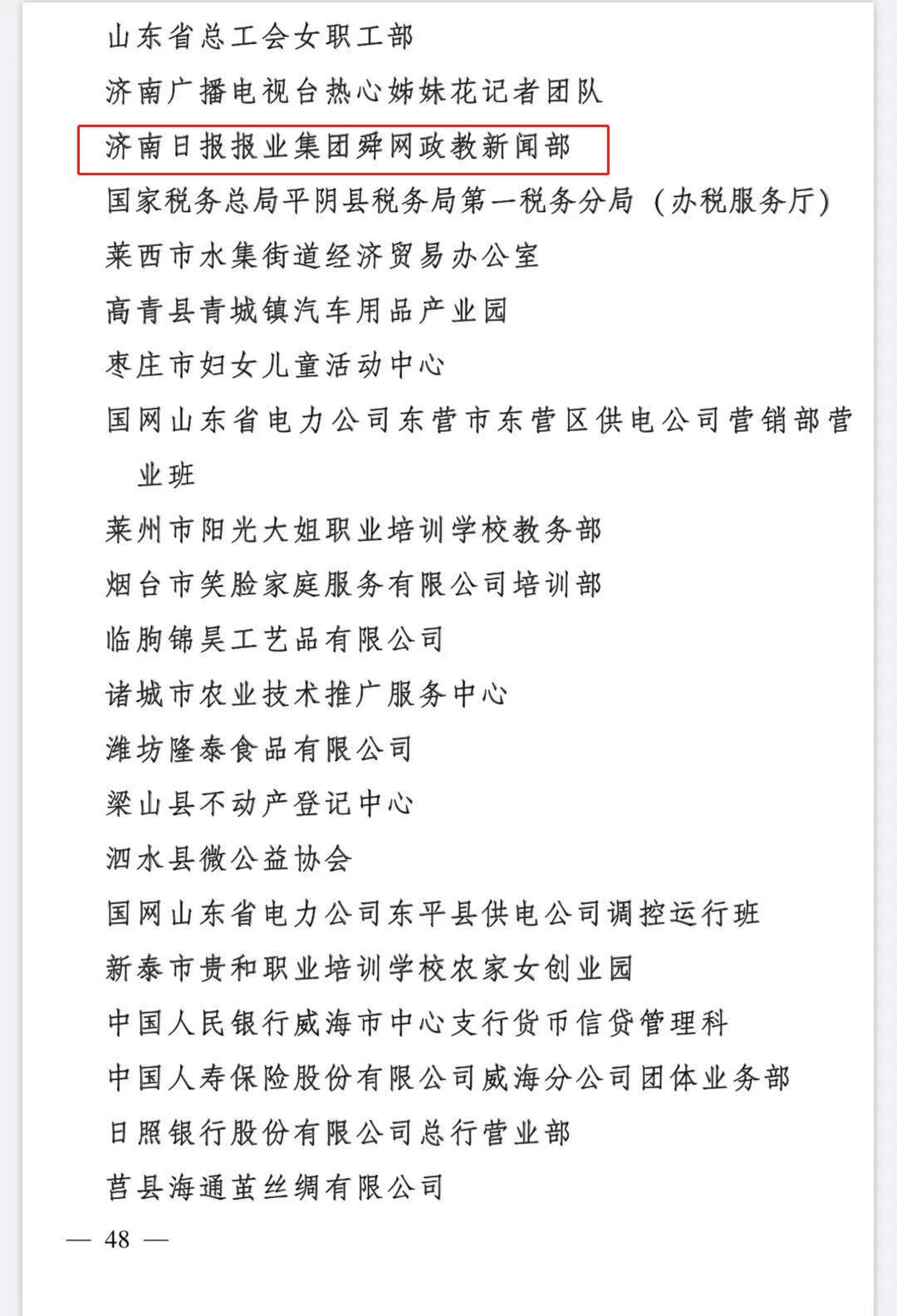 济南报业舜网政教新闻部荣获“全国巾帼文明岗”荣誉称号