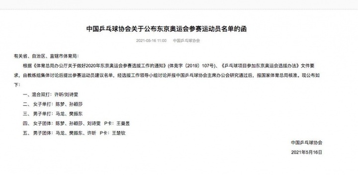 三老带五新！中国乒乓球队东京奥运会参赛名单公布