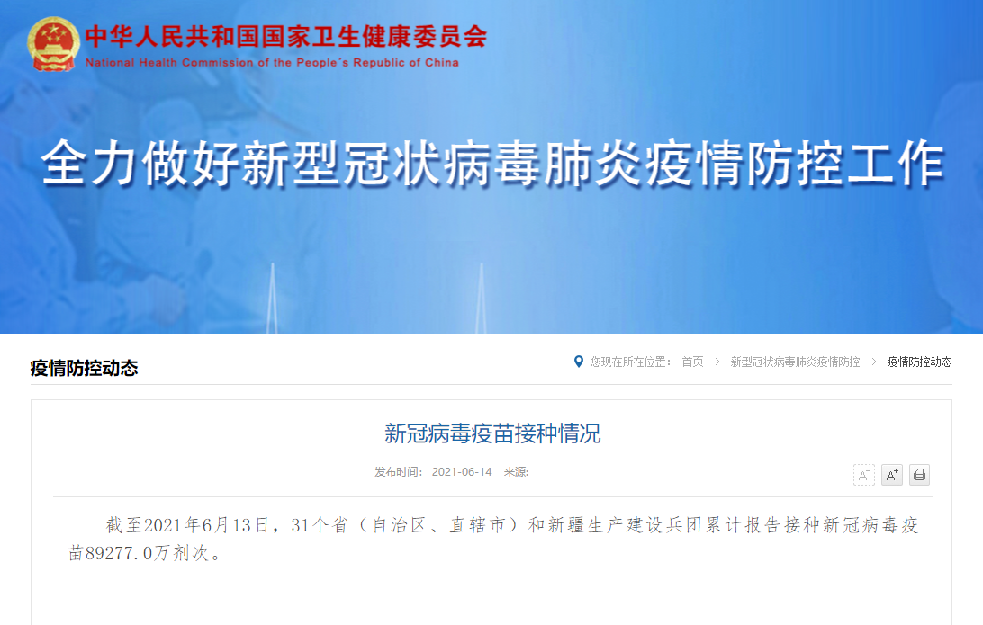 国家卫健委：全国累计报告接种新冠病毒疫苗89277.0万剂次