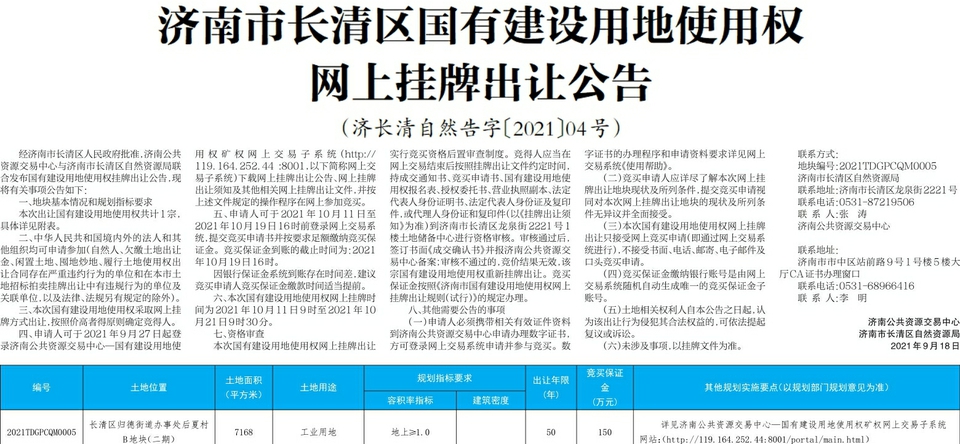 济南市长清区国有建设用地使用权网上挂牌出让公告