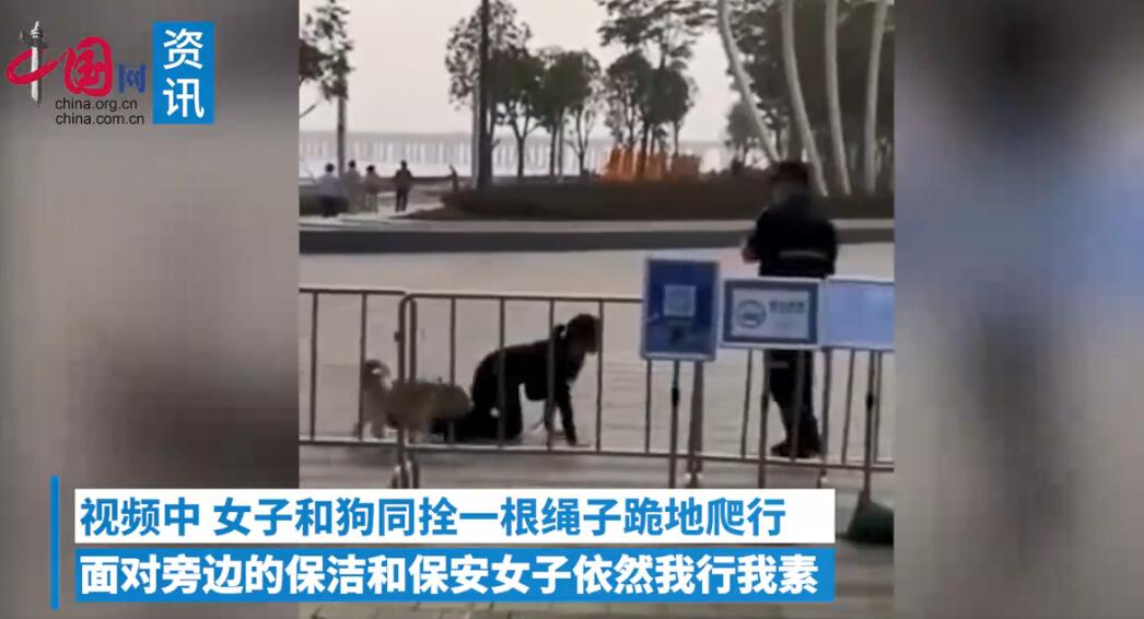 无奇不有！女子和狗同拴一根绳跪地爬行 保安都拿她没辙