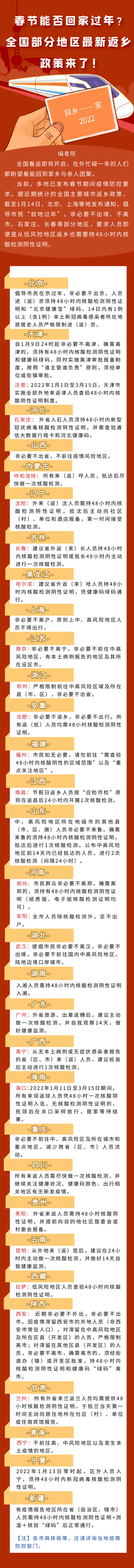 春节能否回家过年？全国部分地区最新返乡政策来了！
