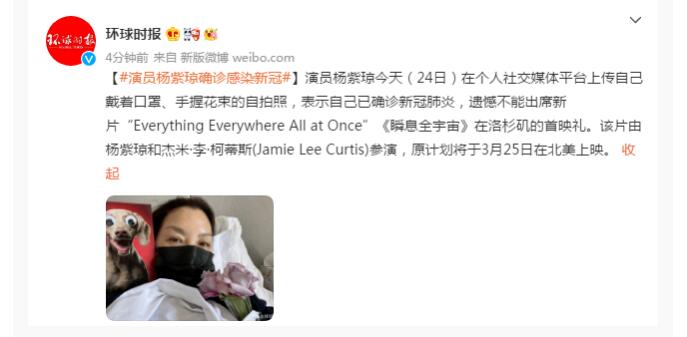 杨紫琼确诊新冠 发文称遗憾不能出席新片首映礼