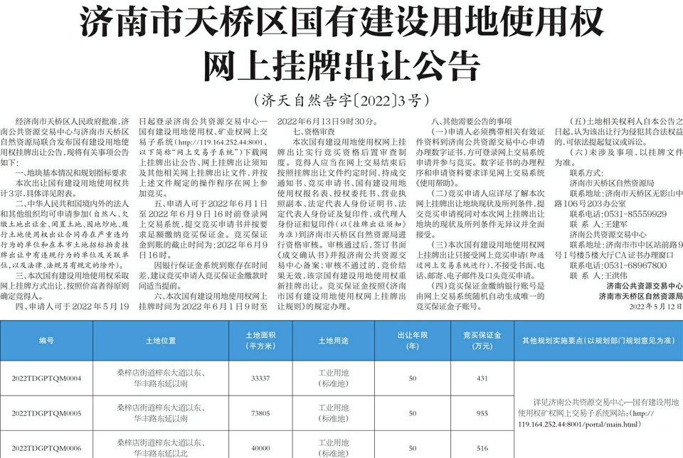 济南市天桥区国有建设用地使用权网上挂牌出让公告（济天自然告字〔2022〕3号）
