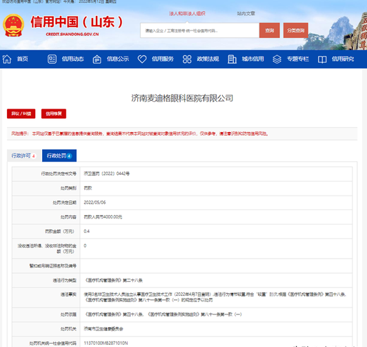 使用非卫生技术人员从医，济南麦迪格眼科医院再收罚单