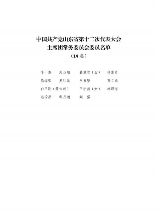 中国共产党山东省第十二次代表大会主席团常务委员会委员名单