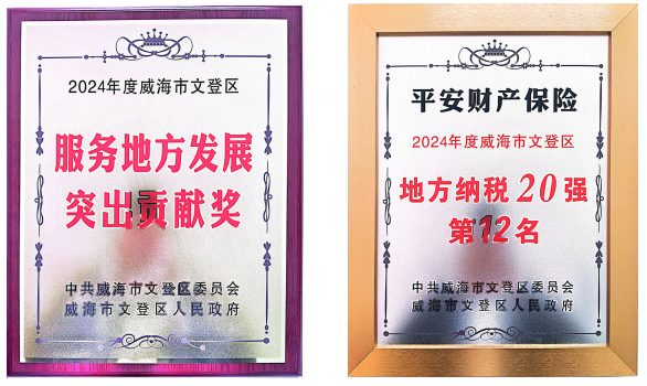 山东平安产险威海文登支公司荣获“2024年度威海市文登区服务地方发展突出贡献奖”等两项荣誉奖牌