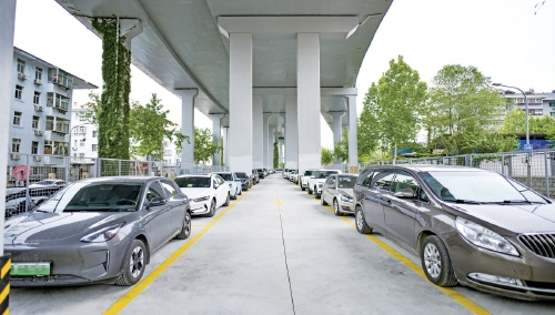 青年西路顺河高架下绿化带改为停车场