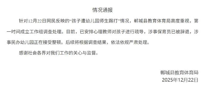 涉事保育员已被辞退，涉事民办幼儿园正在接受整顿！官方通报“孩子遭幼儿园师生踢打”