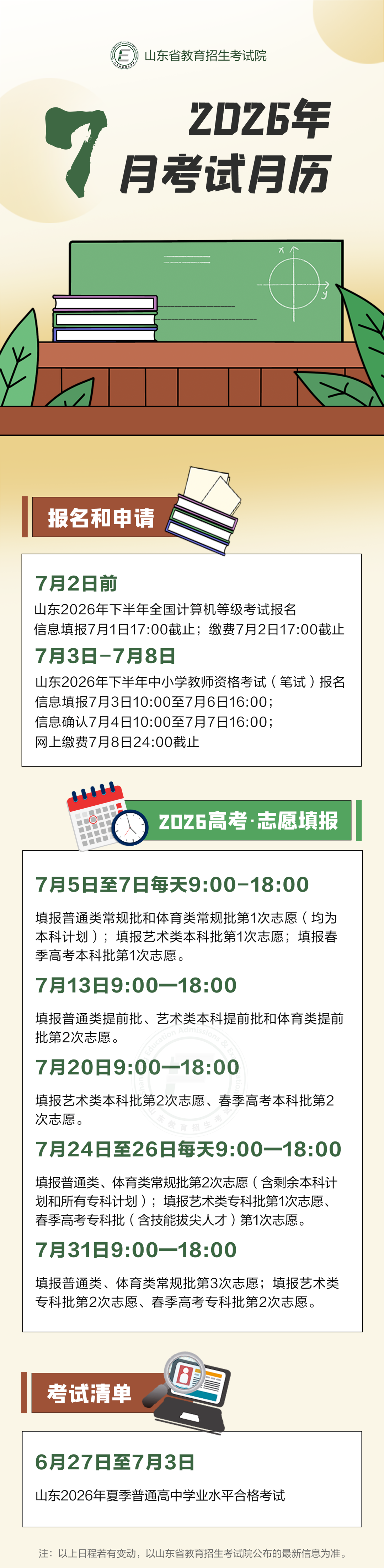 7月山东教育考试月历来啦~
