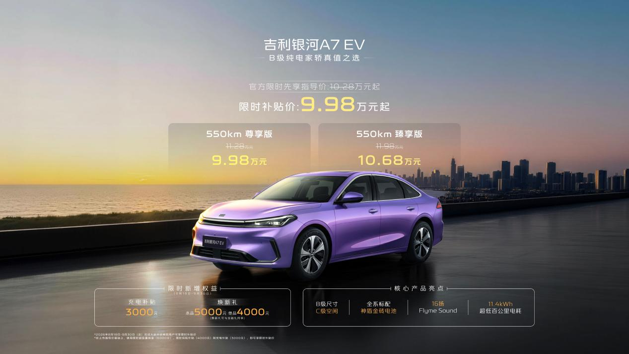 9.98万起！五大标杆+至高8000元限时权益 主流家轿真值之选吉利银河A7 EV再进阶！
