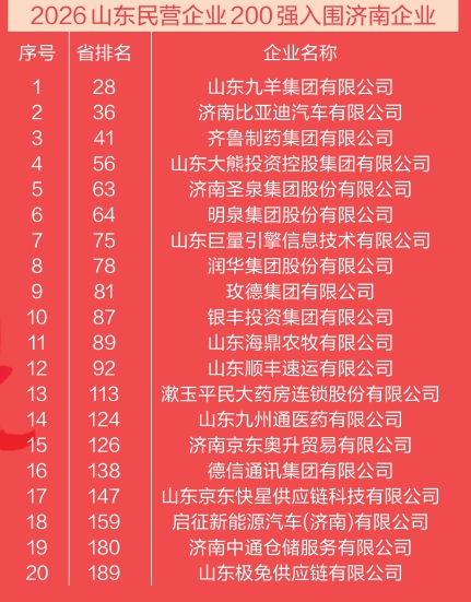 山东民企200强榜单发布济南比亚迪首进榜单，齐鲁制药居创新100强榜首