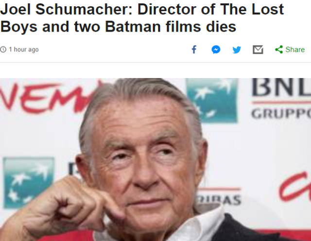 又是癌症！导演乔舒马赫去世享年80岁 曾执导《蝙蝠侠》《歌剧魅影》等