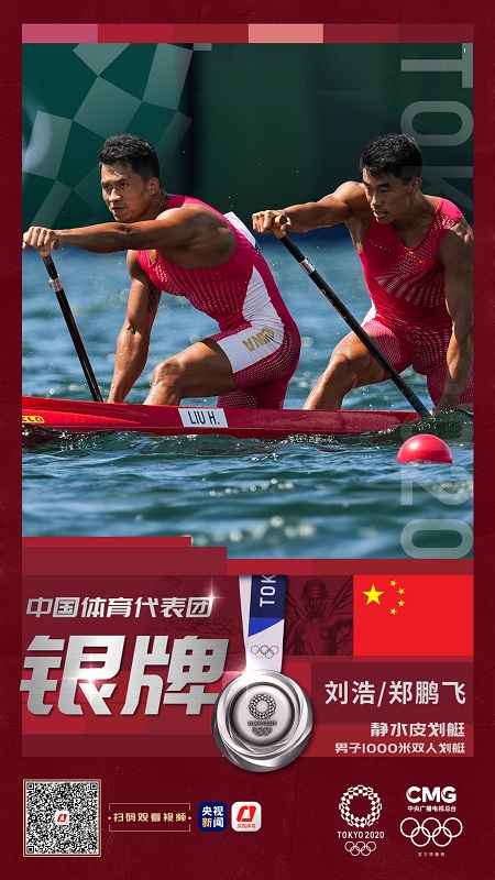 刘浩郑鹏飞夺得静水皮划艇男子1000米双人划艇银牌