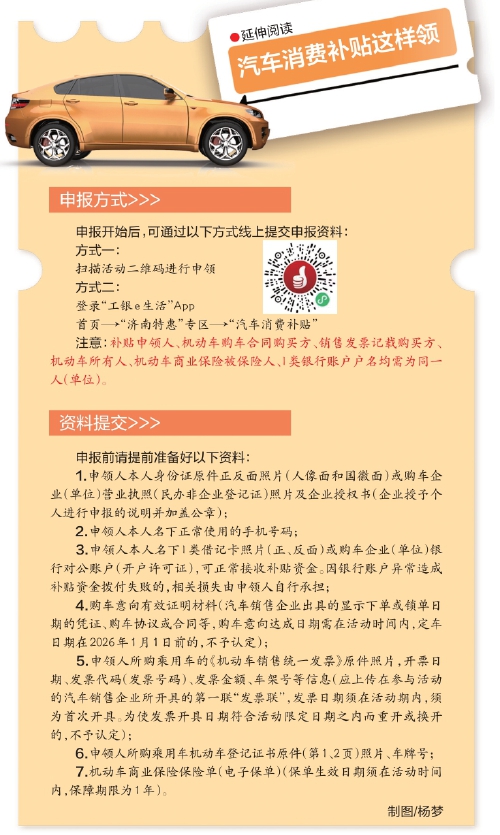 济南启动2026年汽车消费补贴活动，补贴金额5000万元 1月1日至3月31日期间购车可申领
